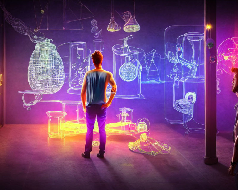 Virtual chemistry lab drawings with neon equipment and formulas on purple background