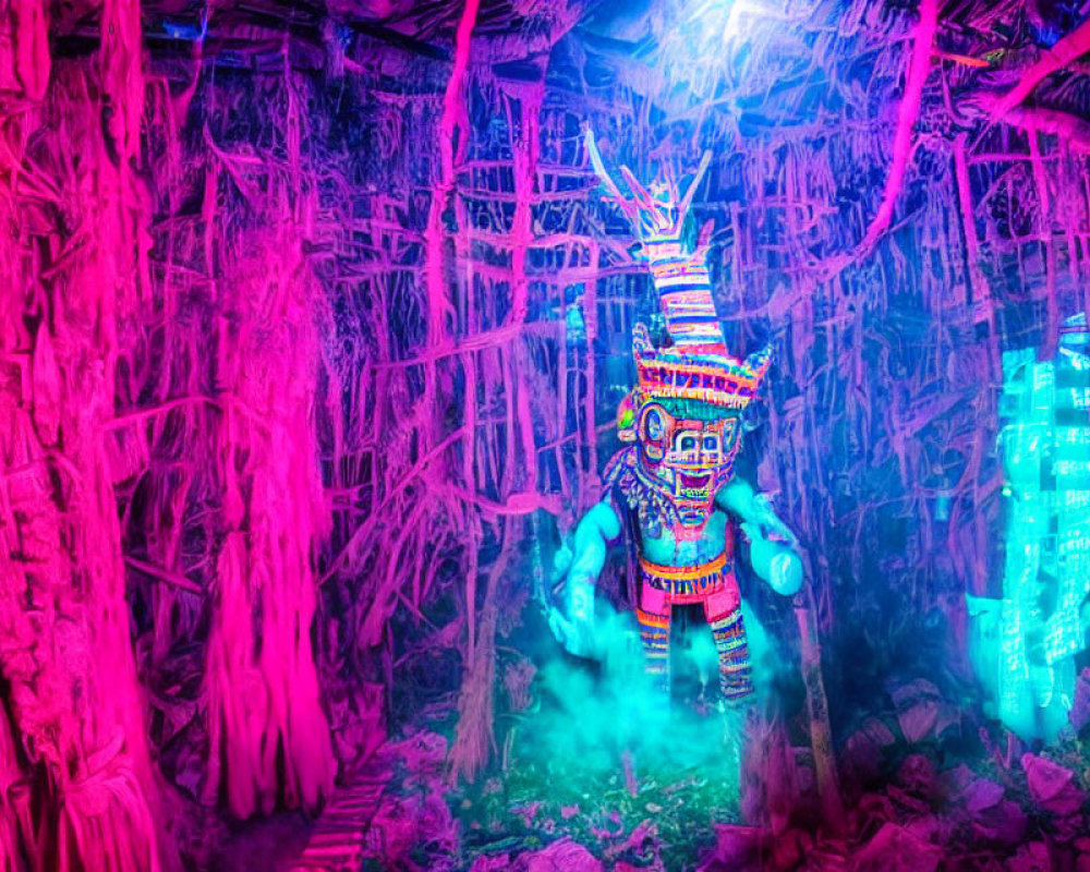 Colorful tribal costume in neon-lit forest scene