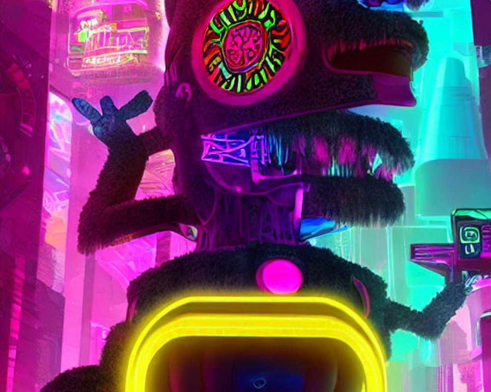 Neon-colored bear head in cyberpunk cityscape