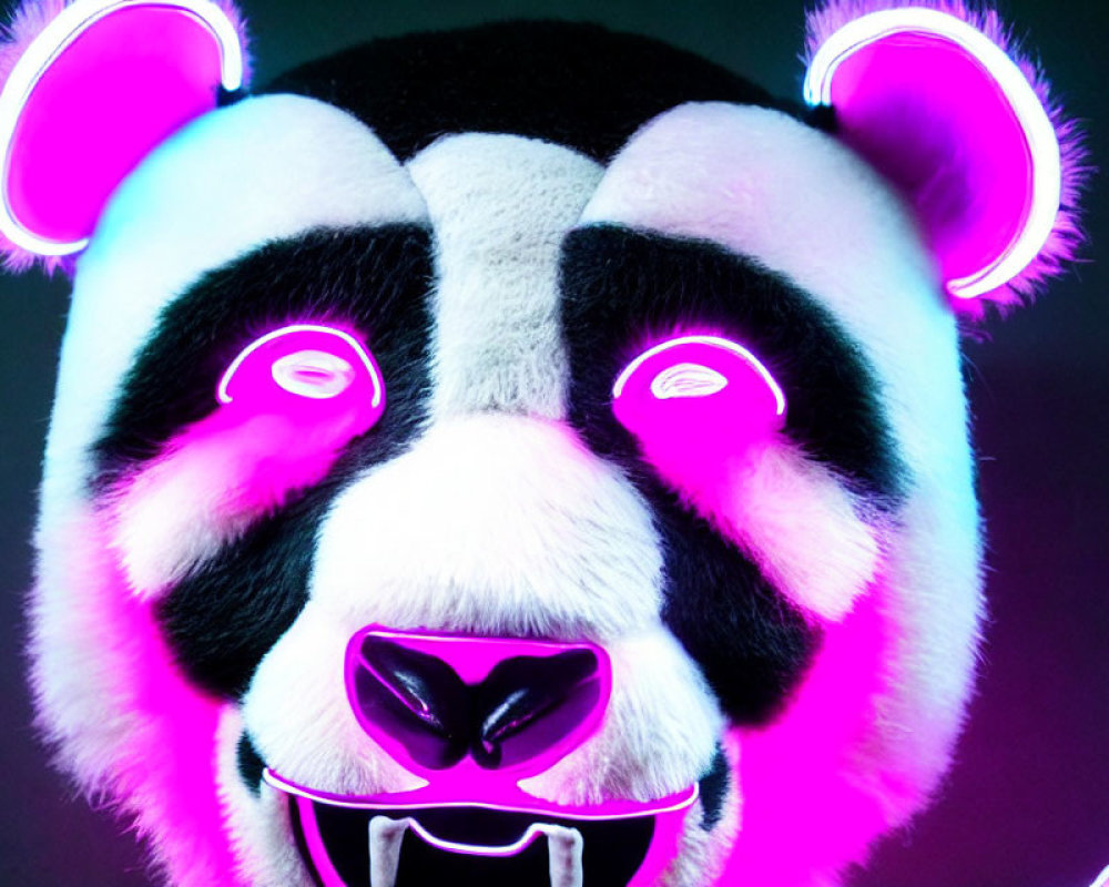 Person in stylized panda mask with glowing pink eyes on purple background