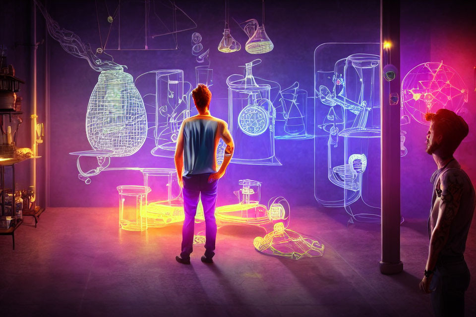 Virtual chemistry lab drawings with neon equipment and formulas on purple background