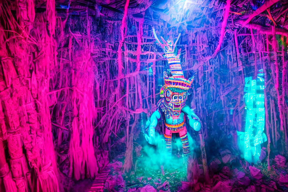 Colorful tribal costume in neon-lit forest scene