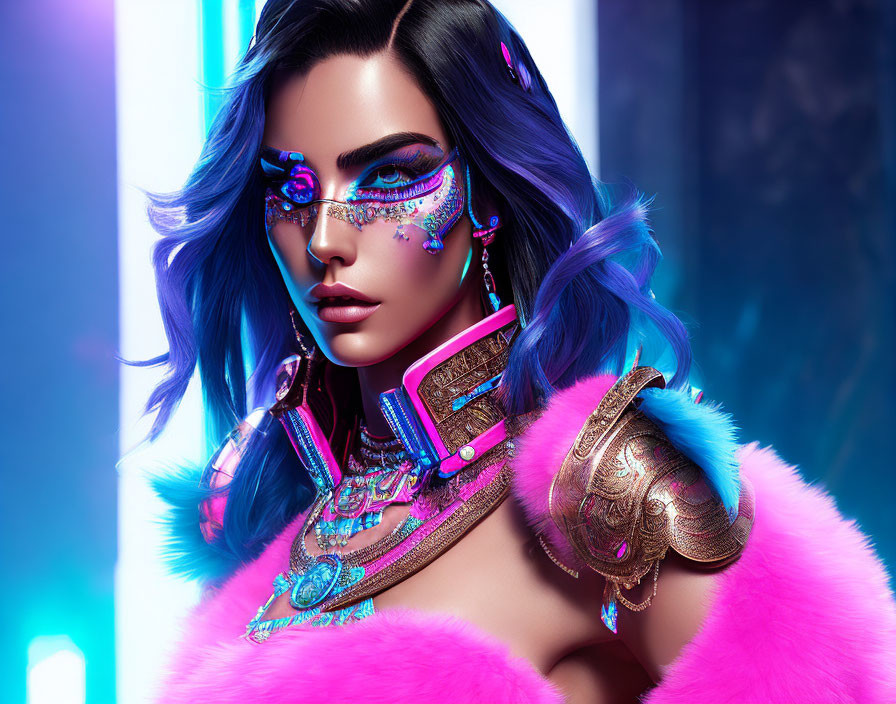 Vibrant blue hair woman in pink fur and armor art