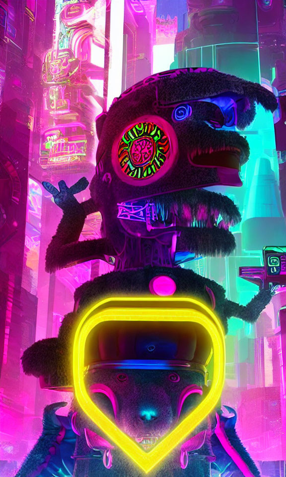 Neon-colored bear head in cyberpunk cityscape