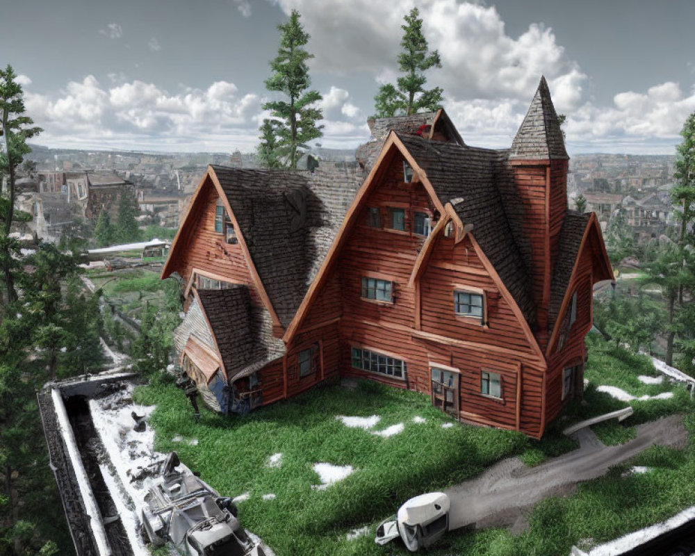 Spacious wooden house with tower, snowy town view, and abandoned vehicles