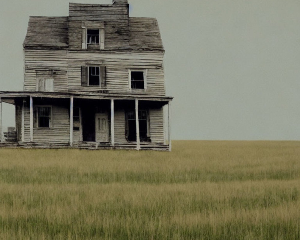 Weathered two-story wooden house in vast grassy field under overcast sky