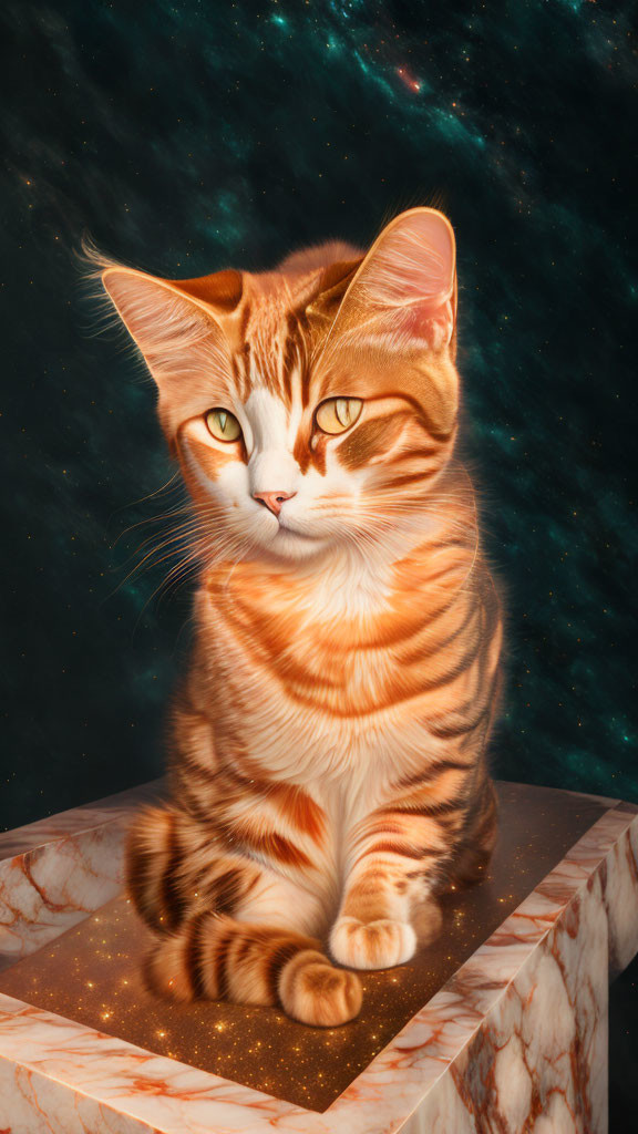 Orange Tabby Cat Sitting on Marble Pedestal Against Cosmic Background