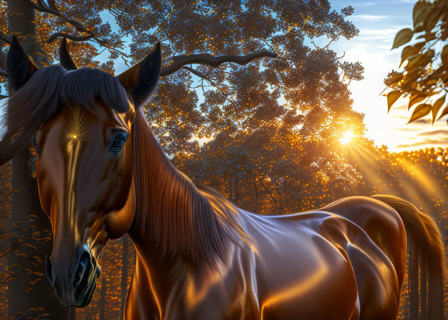 Chestnut horse in forest at sunset with sun rays filtering through trees