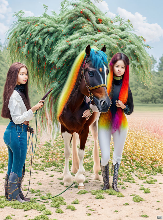 Two women with colorful hair and a vibrant horse in a flower field.