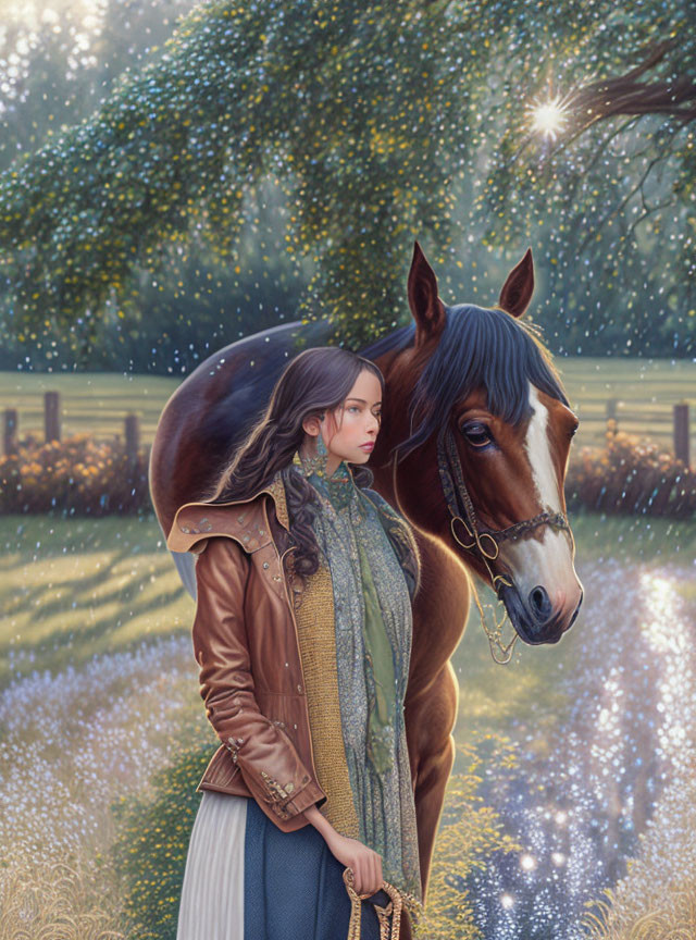 Woman in leather jacket with brown horse in magical setting