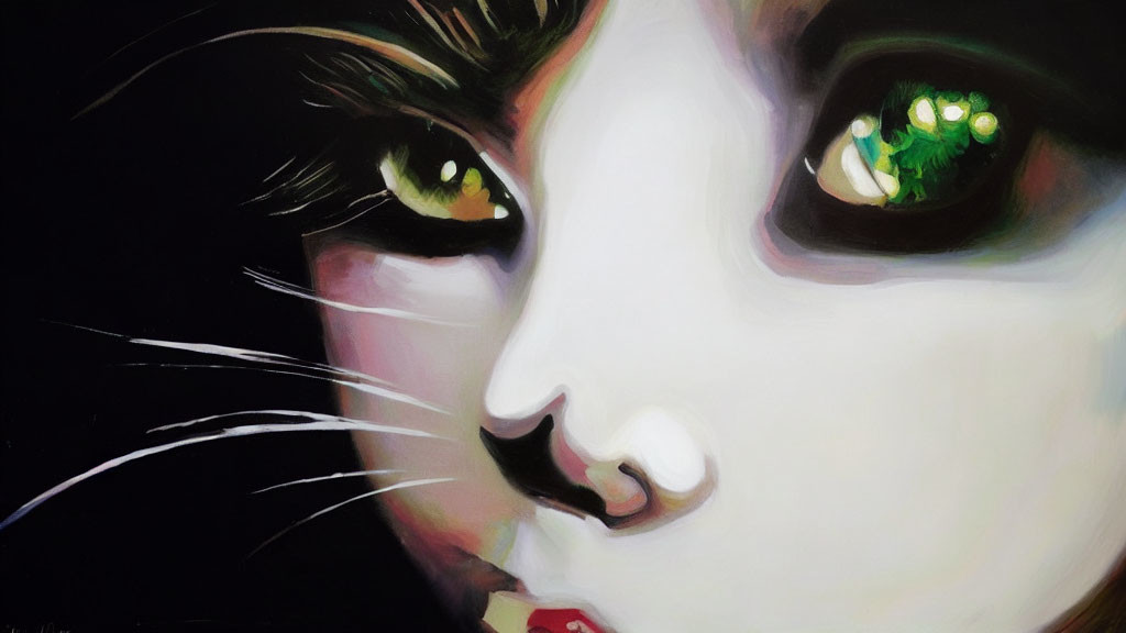 Detailed close-up painting of black and white cat with green eyes and whiskers.