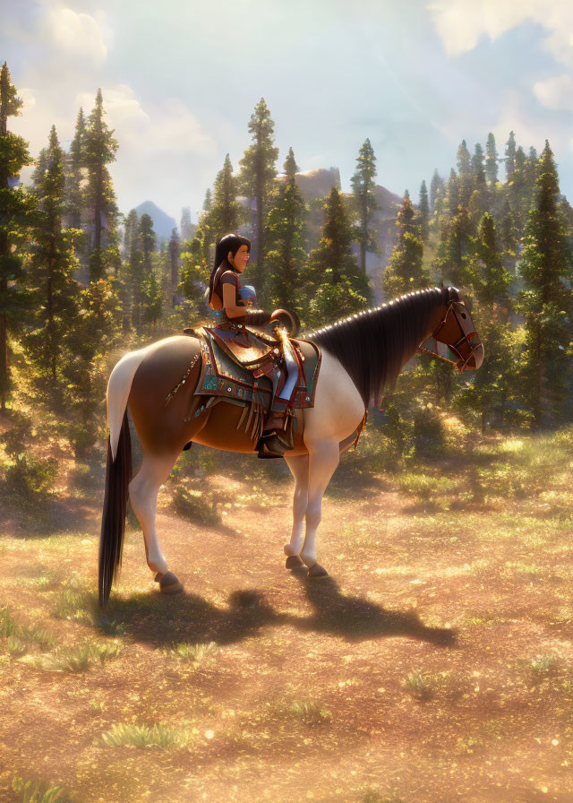 Digital artwork: Woman riding horse in sunlit forest clearing