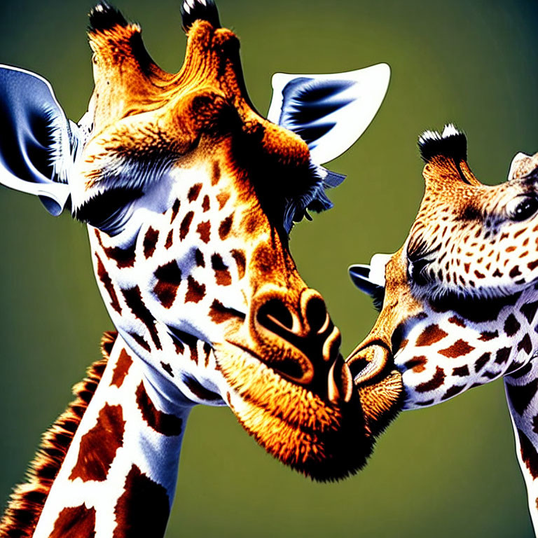 Exaggerated facial features on playful giraffes against green backdrop