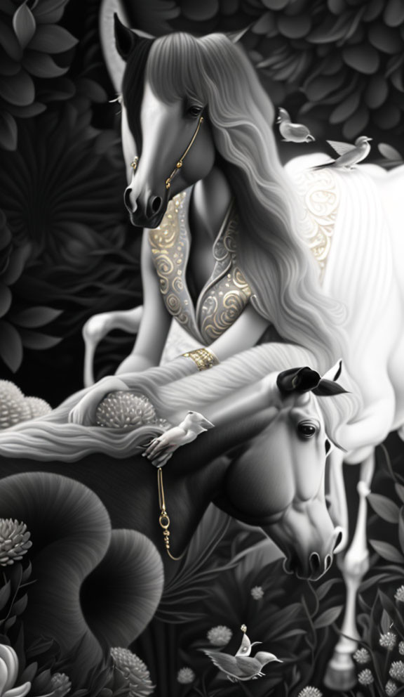 Monochrome artwork: adorned horses with golden details in lush floral backdrop