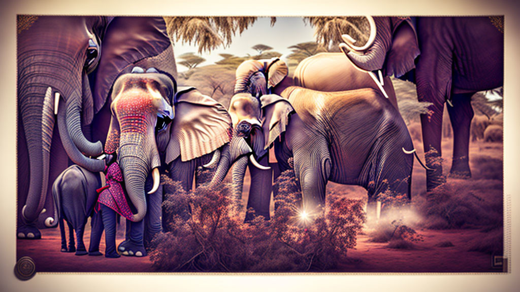 Colorful Elephants in Desert Landscape with Palm Trees