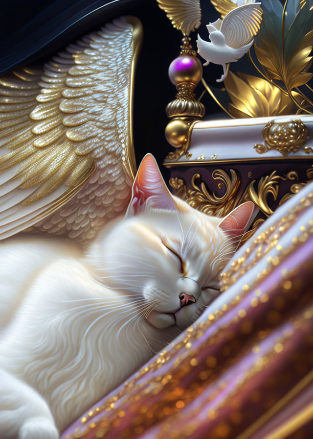 White Cat Sleeping Surrounded by Gold Objects and Doves