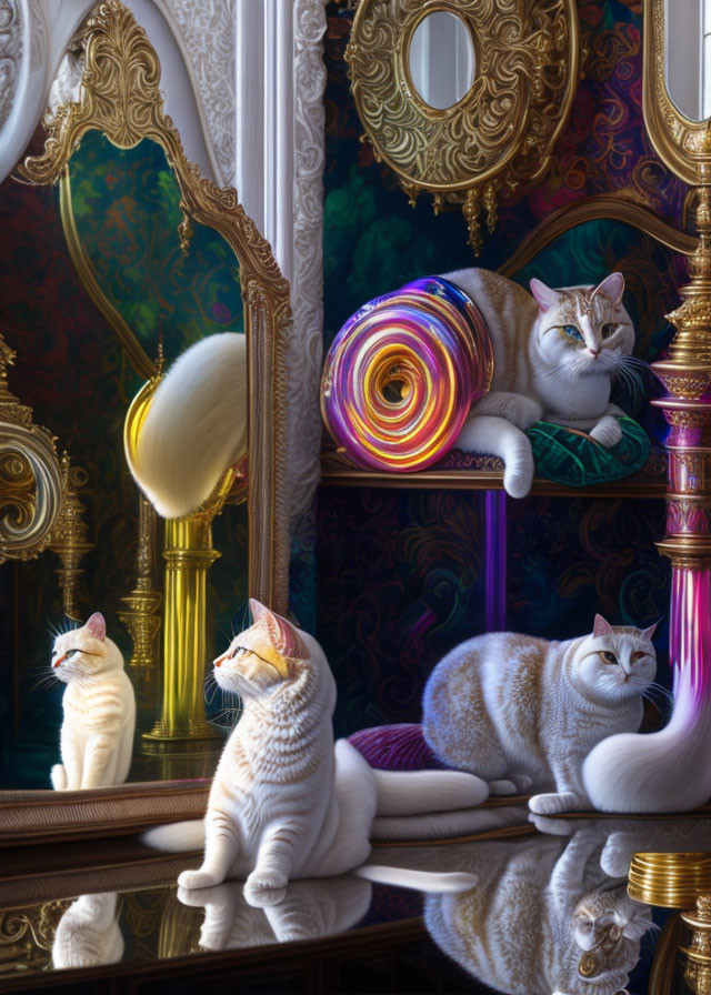 Opulent room with mirrors reflecting cat on luxurious cushion