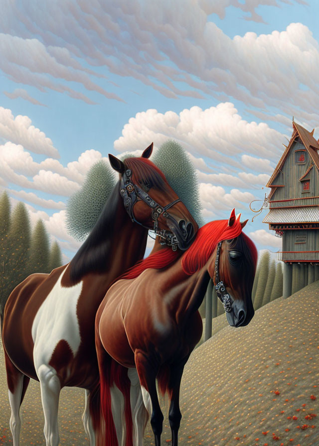 Stylized horses with ornate bridles in whimsical landscape