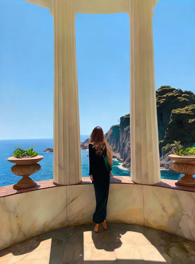 Person in dark dress between columns gazes at ocean view with cliffs and blue sky