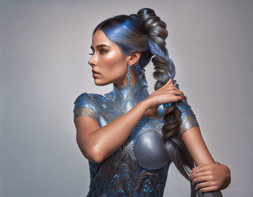 Blue-haired woman in metallic outfit with thick braid on neutral background