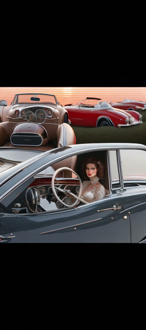 Vintage Cars Collage with Woman in White Outfit and Stylish Interiors