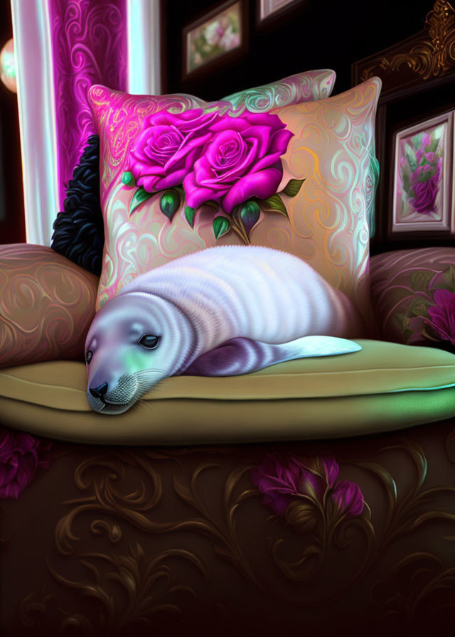 Digital Artwork: Seal Pup on Ornate Couch with Luxurious Pillows