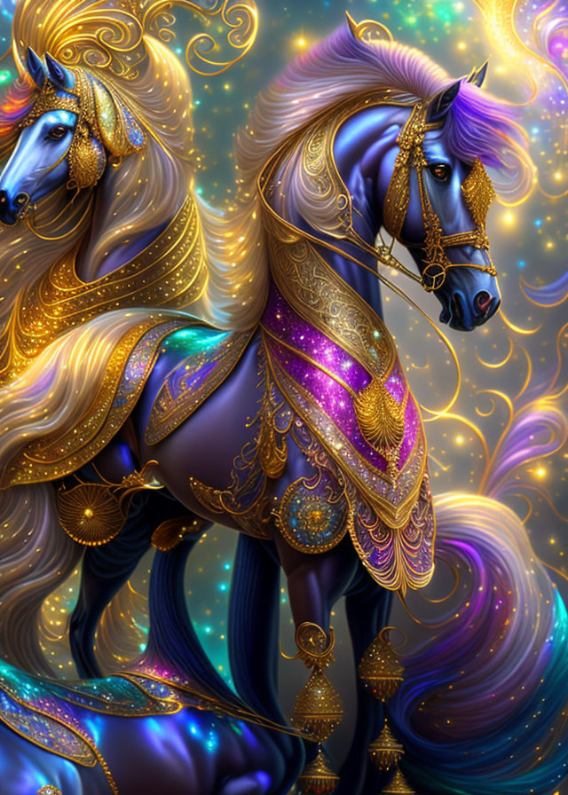 Ethereal horses with gold and purple adornments in cosmic setting