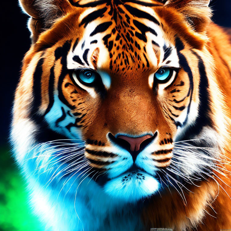 Close-up Tiger Face with Intense Blue Eyes on Blue and Green Background