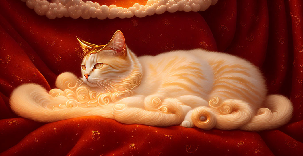 Orange Tabby Cat with White Patterns and Golden Accents on Red Fabric