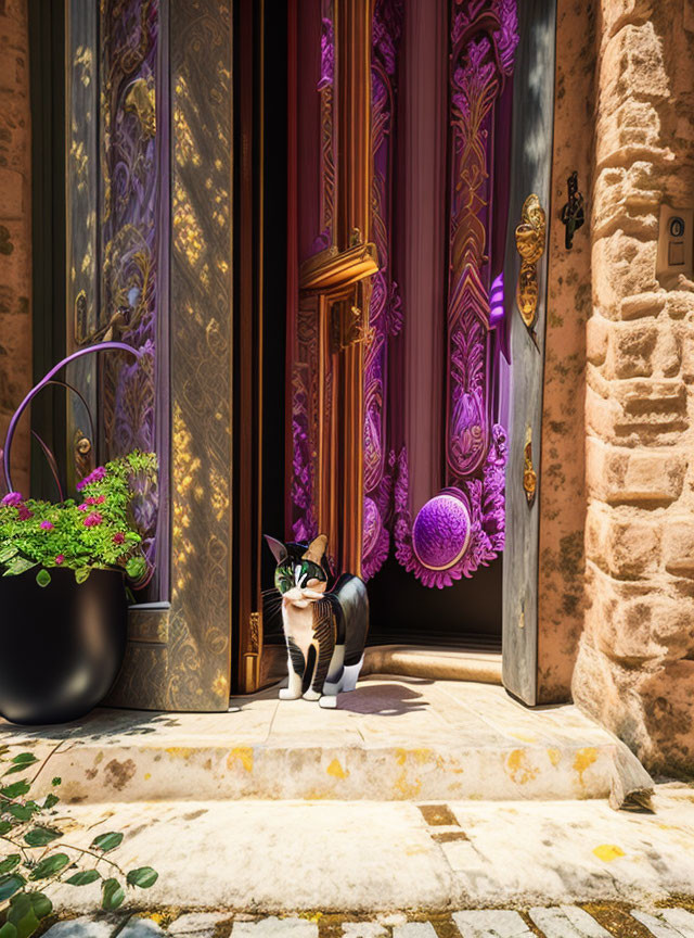 Cat sitting at ornate doorway with purple drapes and golden handles