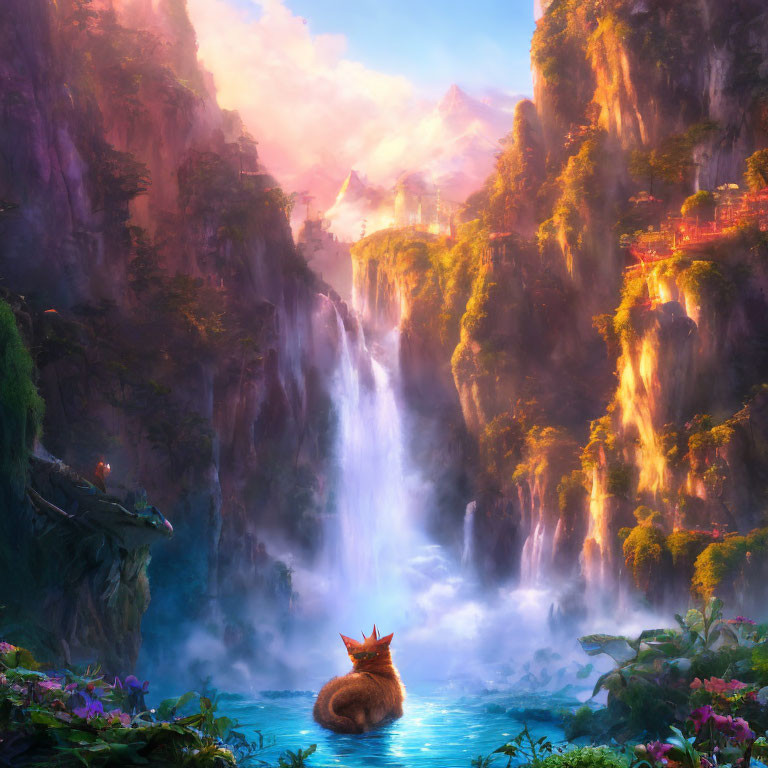 Majestic cat observing waterfall and sunlit castle landscape