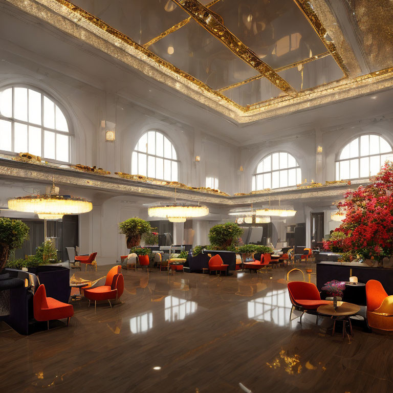 Luxurious Hotel Lobby with High Ceilings, Gilded Accents, and Chandeliers