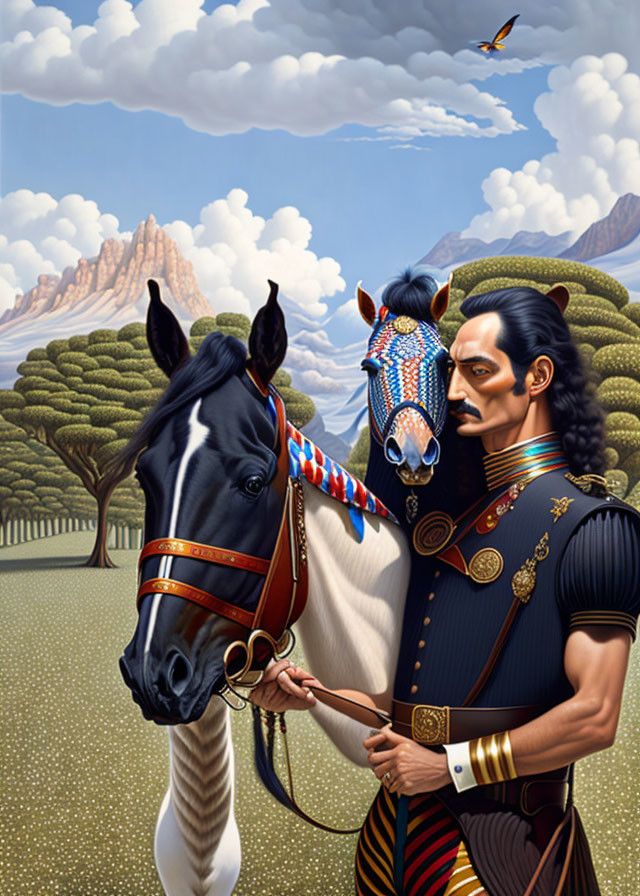 Man in Traditional Military Attire with Adorned Horse in Serene Landscape