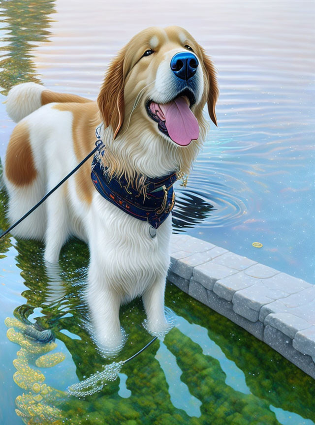 Golden retriever standing in shallow water with leash, cheerful expression