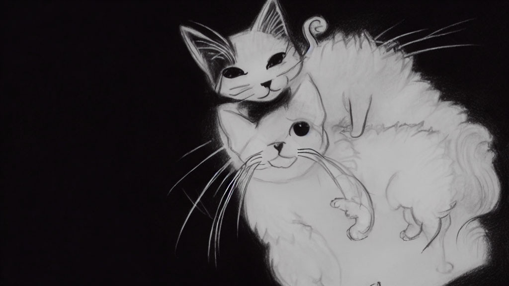 Monochrome sketch of two cats with expressive eyes and prominent whiskers