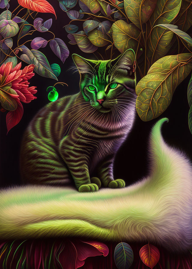 Striped Cat in Lush Foliage with Fluffy Tail in Mysterious Ambiance