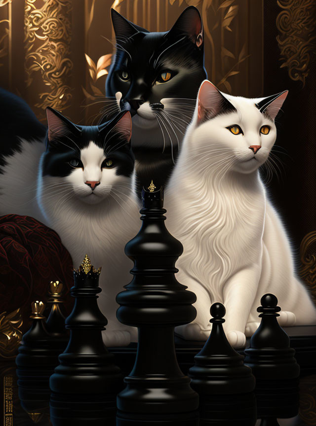 Three Cats with Unique Fur Patterns by Chessboard