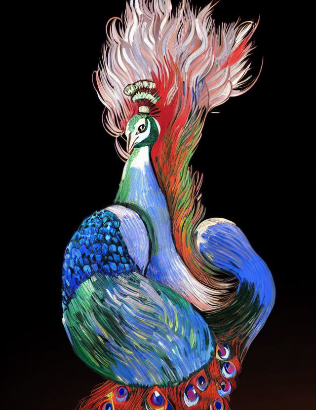 Colorful Peacock Illustration with Red and White Plume