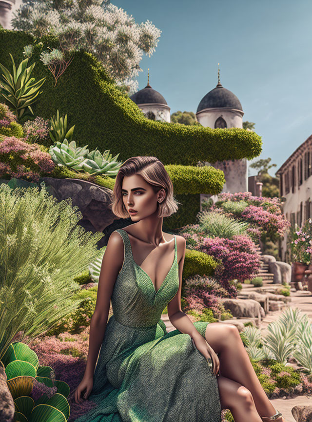 Woman in Green Dress Poses in Garden Setting