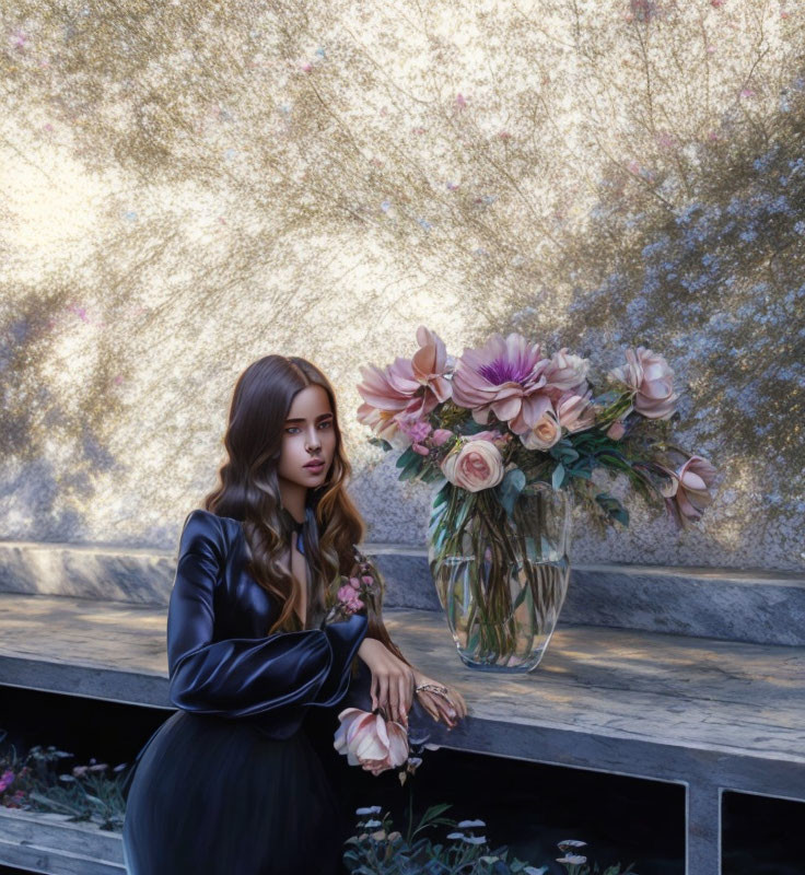 Pensive woman in black dress beside vase of pastel flowers under sunlight