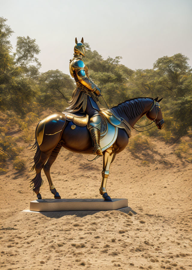 Intricately designed horse and rider statue on pedestal in forest setting