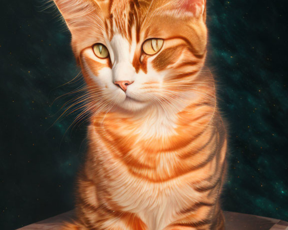 Orange Tabby Cat Sitting on Marble Pedestal Against Cosmic Background