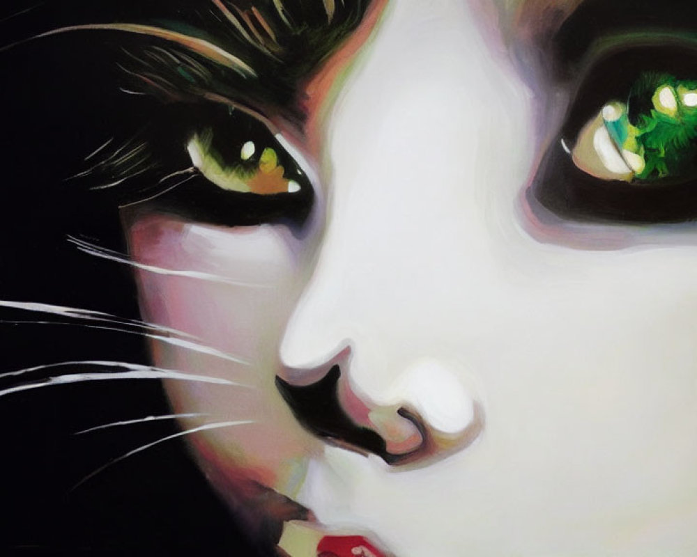 Detailed close-up painting of black and white cat with green eyes and whiskers.