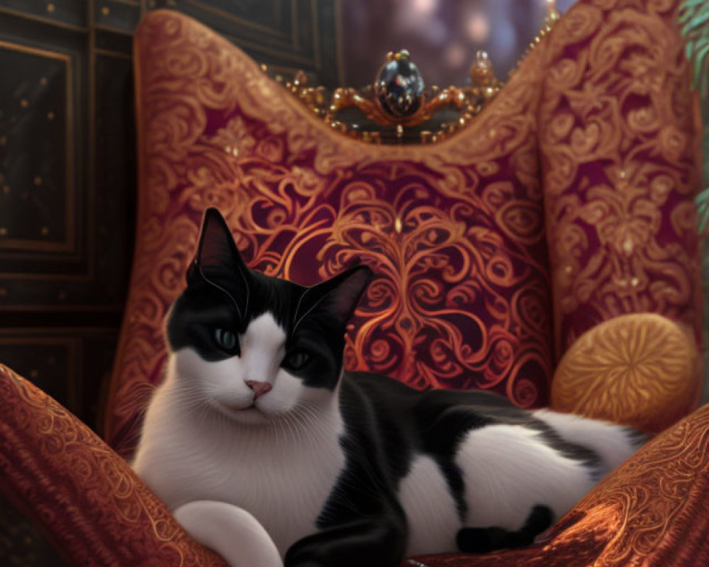 Black and White Cat Relaxing on Red Velvet Chair in Luxurious Room