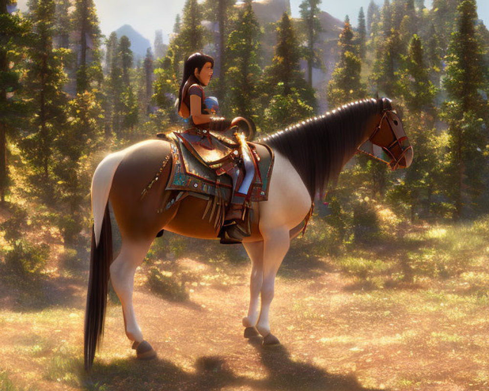 Digital artwork: Woman riding horse in sunlit forest clearing