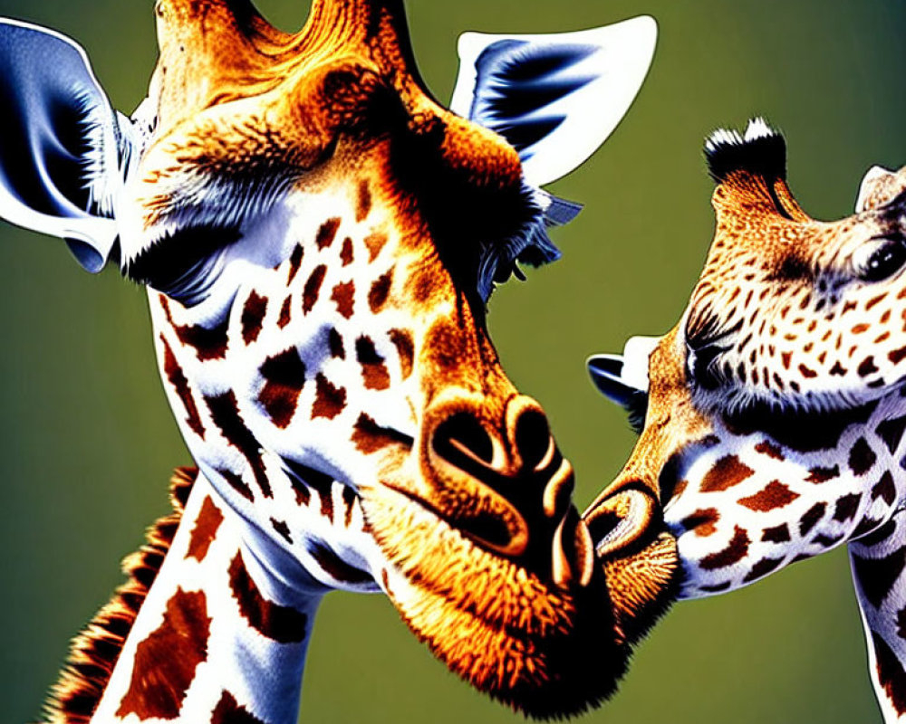 Exaggerated facial features on playful giraffes against green backdrop