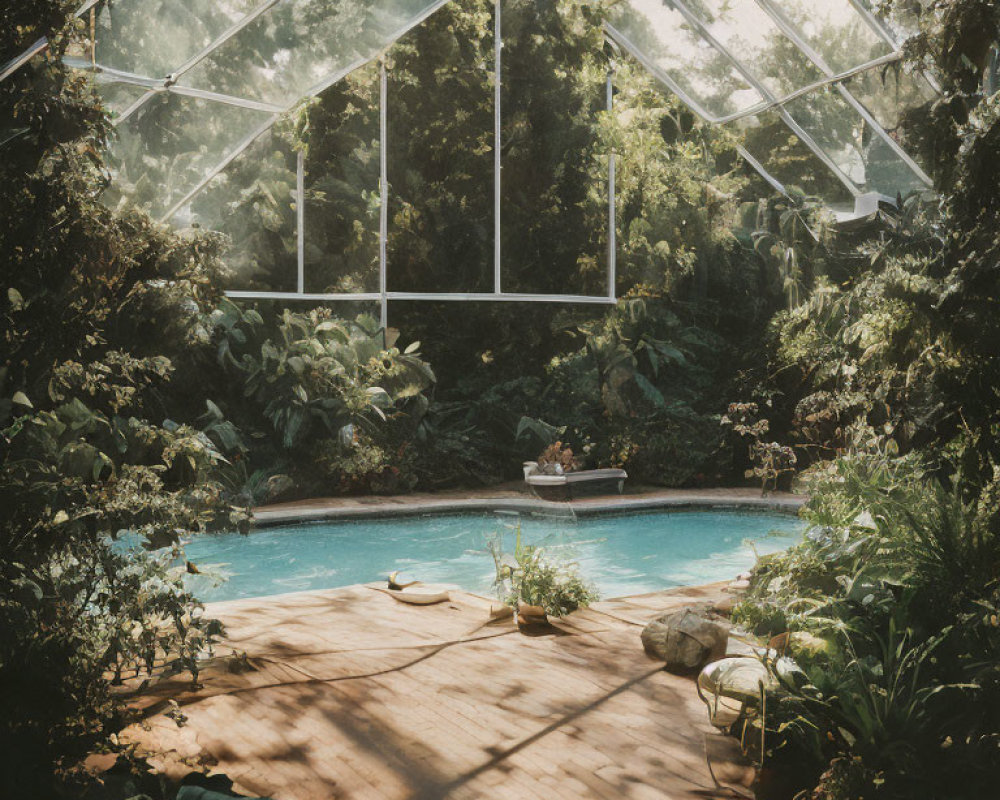 Tranquil greenhouse with lush foliage and serene swimming pool