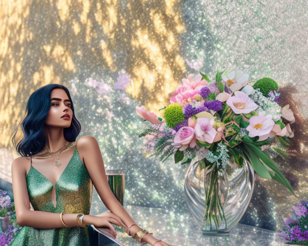 Woman in Green Dress and Blue Hair Beside Colorful Flowers and Sunlit Background