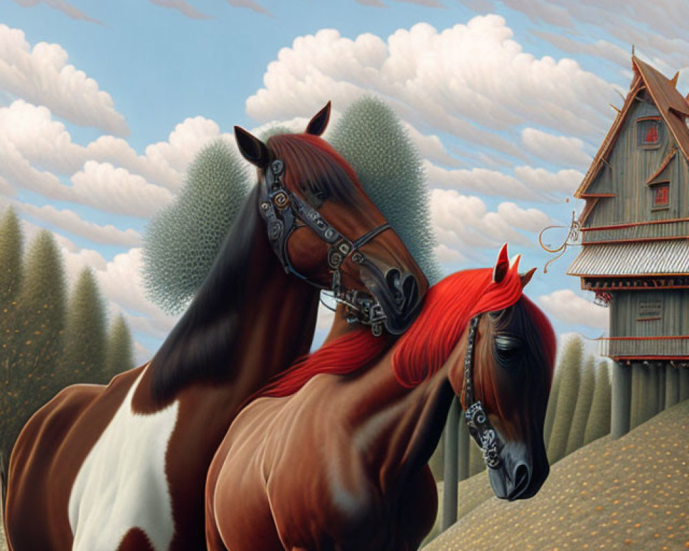 Stylized horses with ornate bridles in whimsical landscape