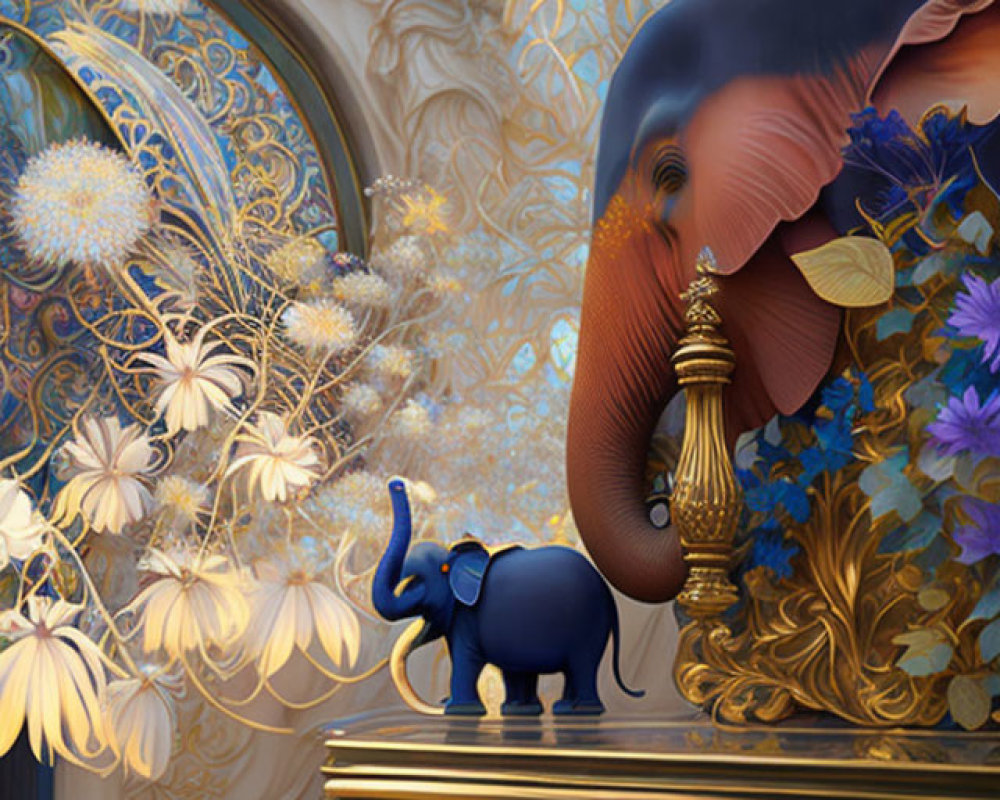 Whimsical image of large elephant with tassels and miniature blue counterpart on ornate golden pedestal